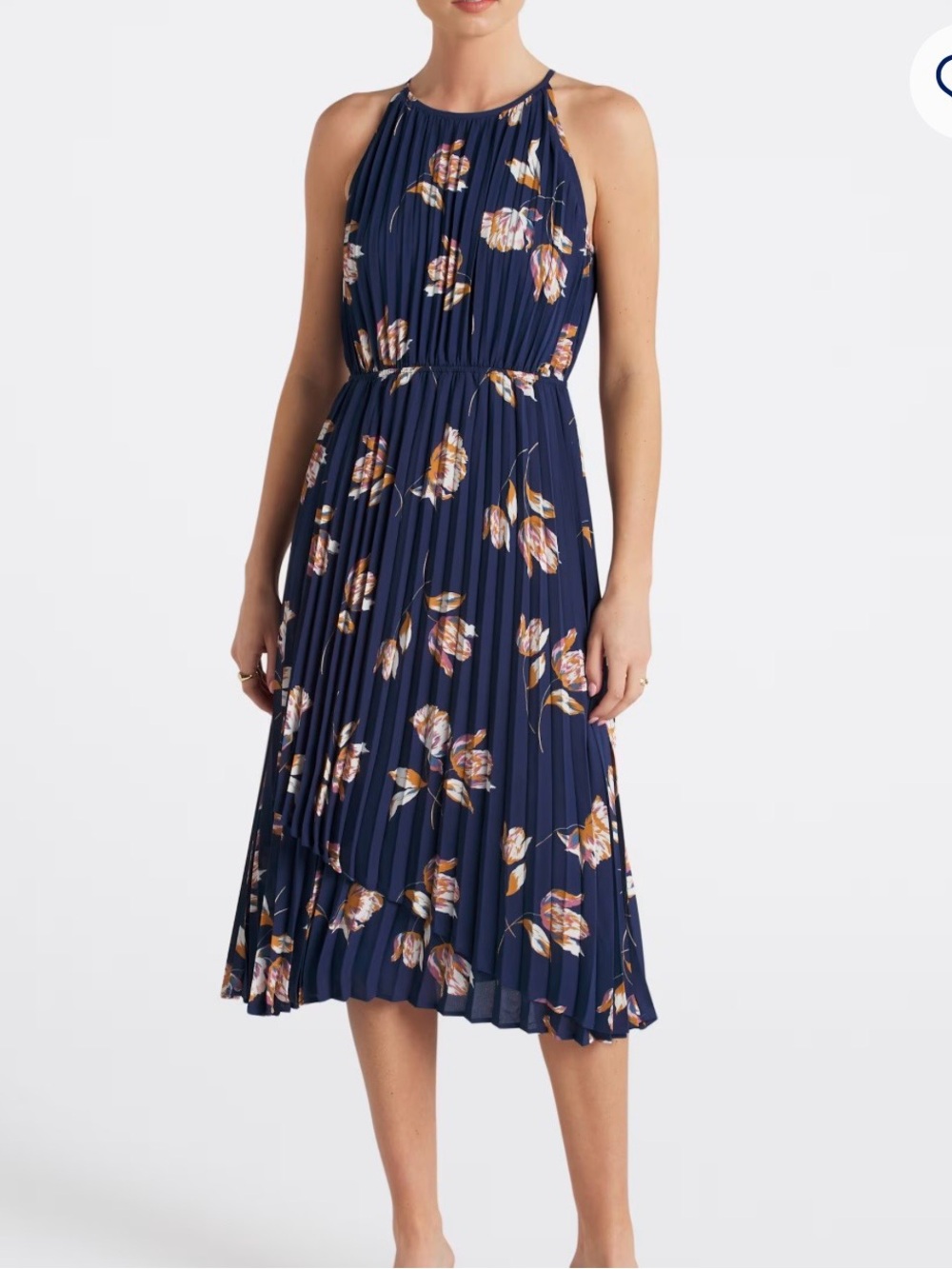 Daniel Rainn Navy Floral Pleated Halter Midi Dress